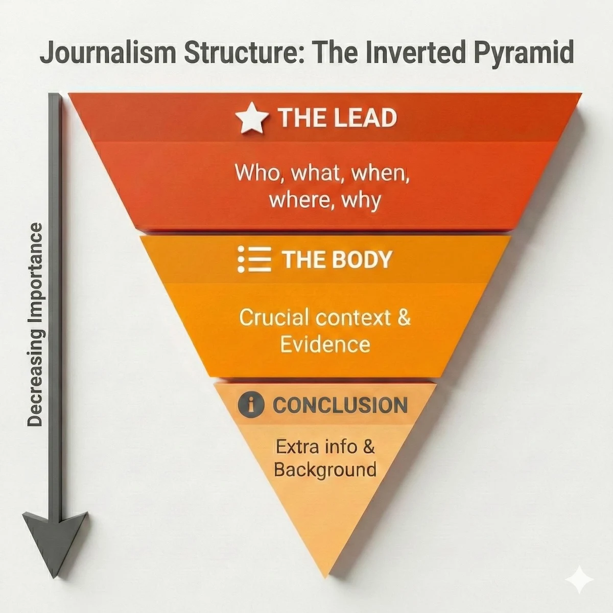 Inverted pyramid diagram showing journalism story structure, prioritizing the lead (5 Ws), followed by the body (context), and conclusion (background).