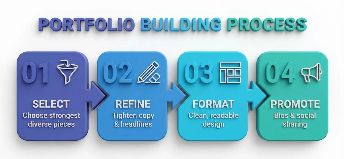 Four-step portfolio building process infographic: Select best work, Refine and edit, Format design, and Promote via social channels.