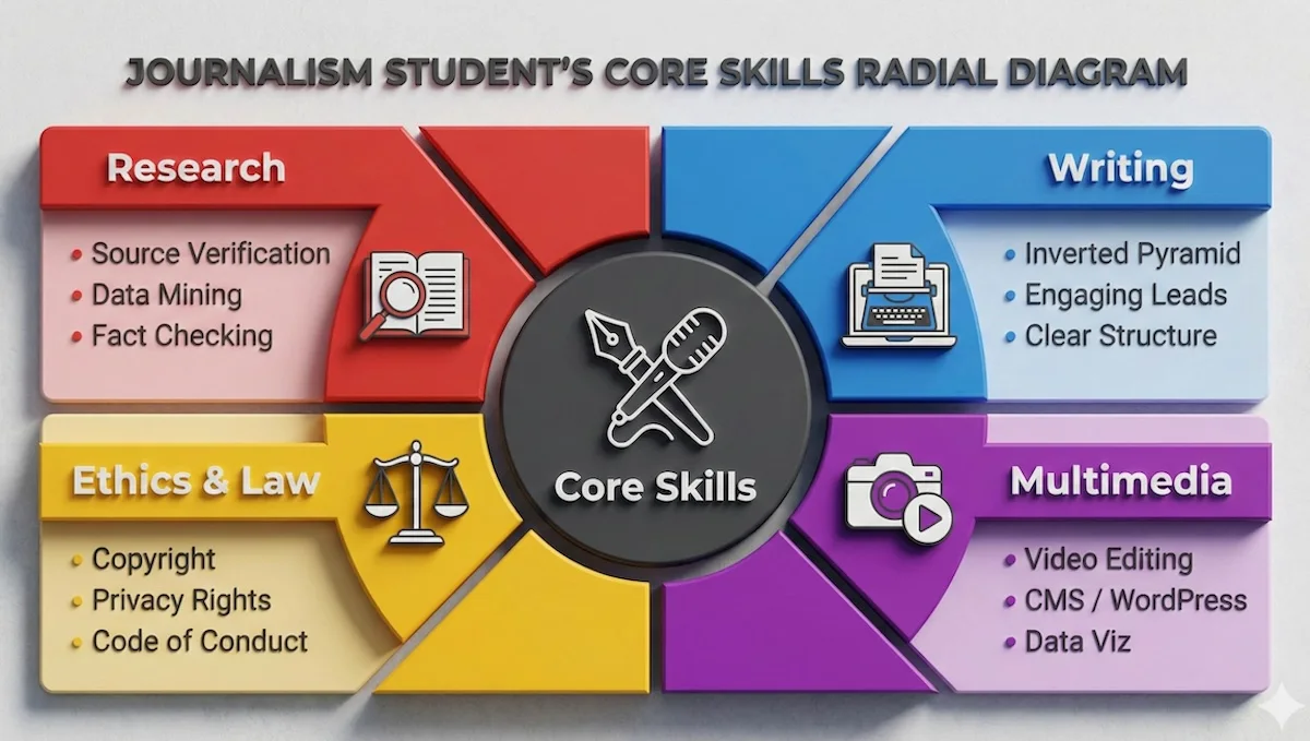 Diagram illustrating the four core components of journalism tutoring: Research, Writing, Ethics and Law, and Digital Multimedia skills.