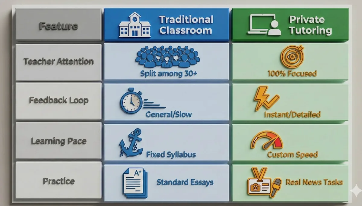 Comparison table showing differences between traditional journalism classrooms and private tutoring regarding attention, feedback, pacing, and practical application.