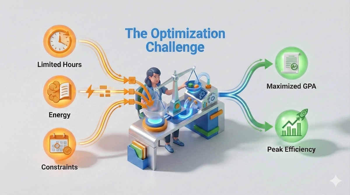 Concept illustration showing a student balancing time and effort constraints to maximize grades using linear programming optimization principles.