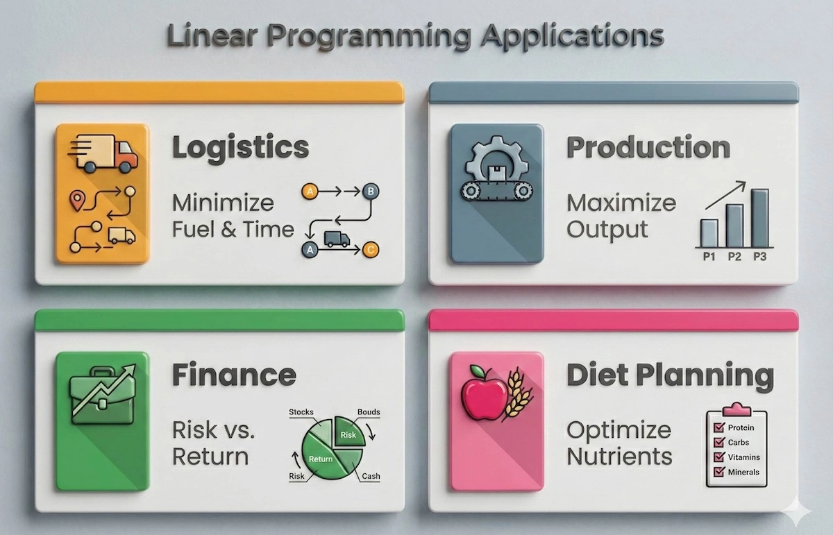 Infographic showing linear programming applications in logistics, manufacturing, finance, and nutrition planning.