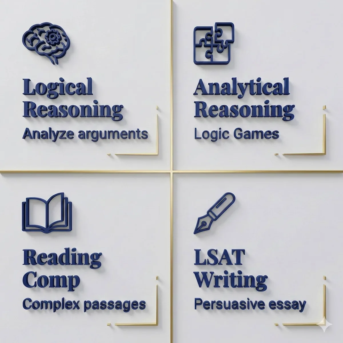 Infographic showing the four sections of the LSAT exam: Logical Reasoning, Analytical Reasoning (Logic Games), Reading Comprehension, and LSAT Writing.