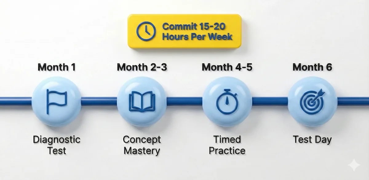Recommended LSAT study timeline spanning 6 months, highlighting phases from diagnostic testing to concept mastery and timed practice.