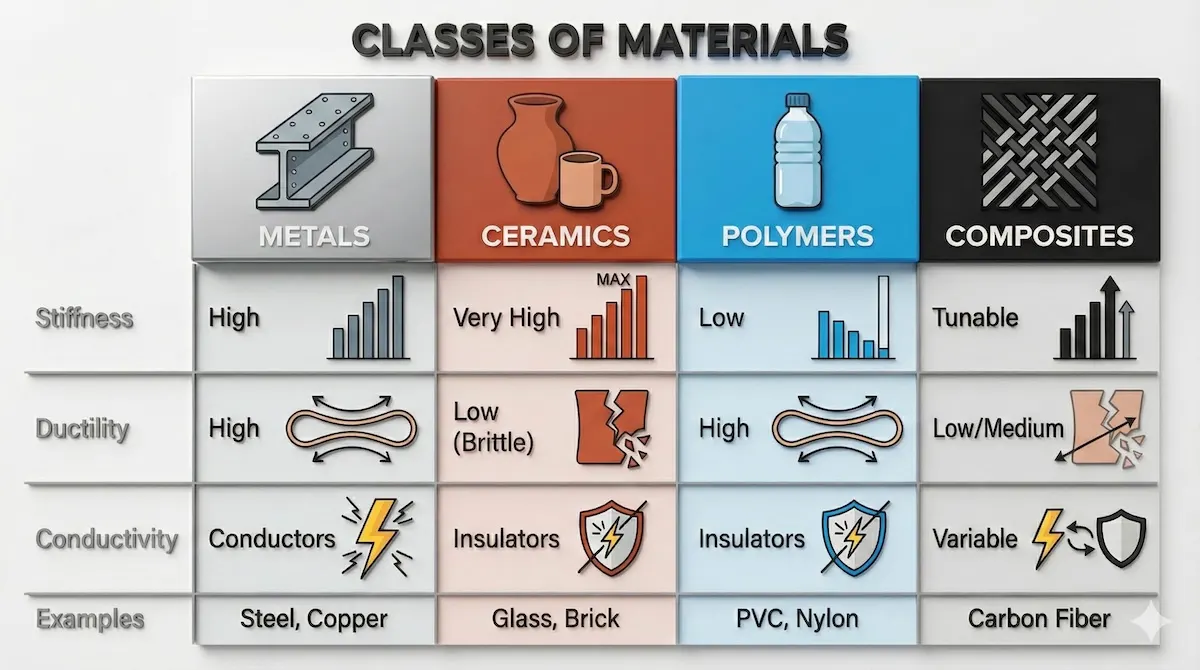 Comparison table of material classes: Metals, Ceramics, Polymers, and Composites showing stiffness, ductility, and conductivity properties.