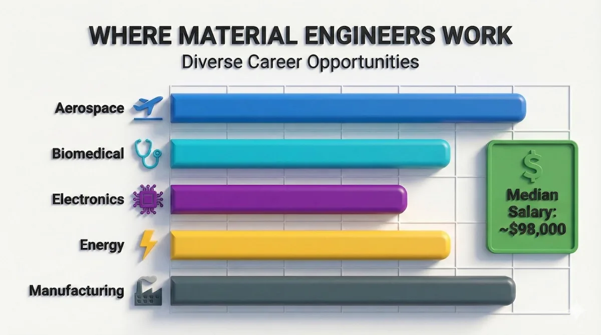 Chart showing top industries for materials engineers including Aerospace, Biomedical, Electronics, Energy, and Manufacturing.