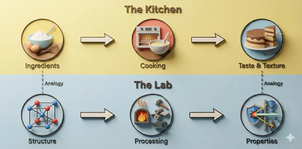 Infographic comparing cooking ingredients to materials engineering structure processing and properties.
