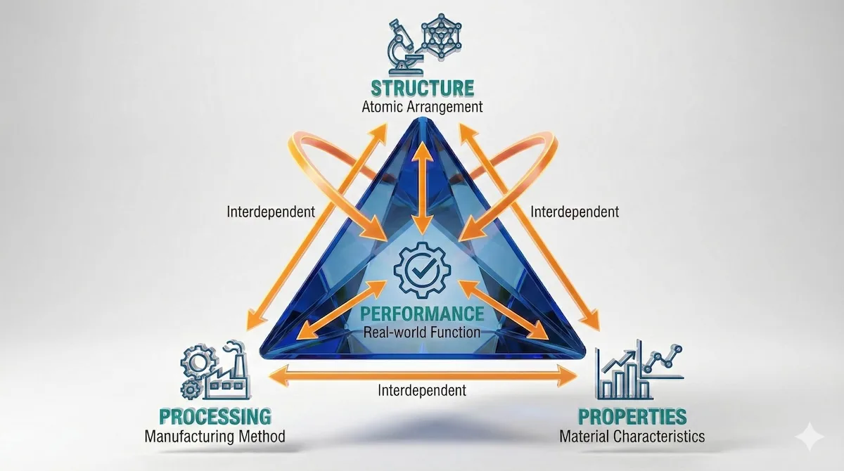Materials Science Tetrahedron diagram showing the connection between Structure, Processing, Properties, and Performance in engineering.