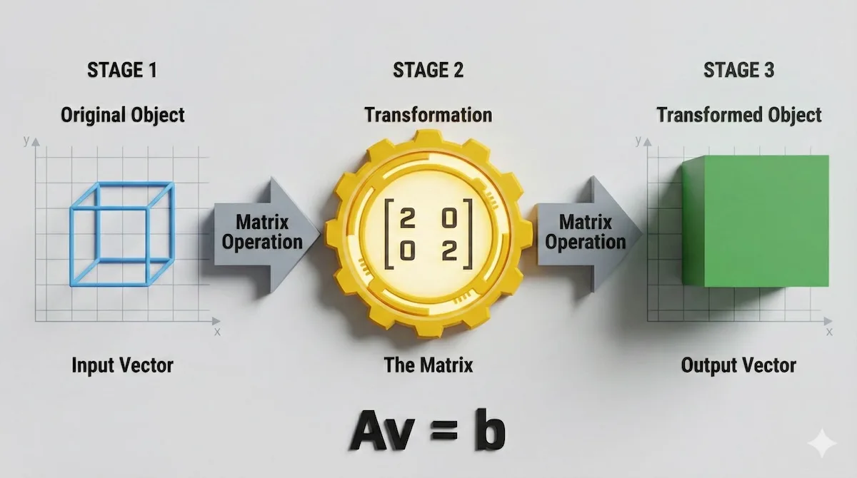 Linear Algebra infographic illustrating how a matrix acts as a transformation tool to scale an input object into a new output shape.