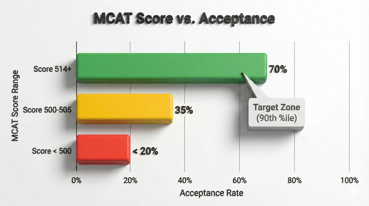 Bar chart showing medical school acceptance rates rising from under 20% for scores below 500 to over 70% for MCAT scores above 514.
