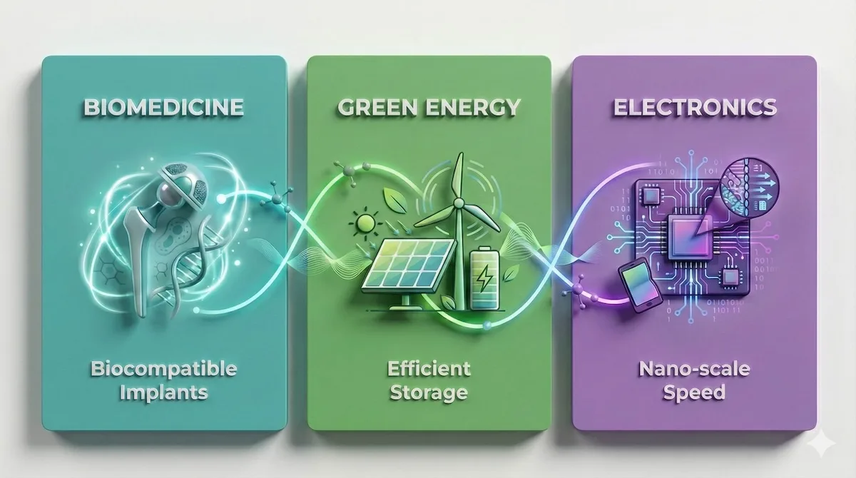 Three major fields of materials science innovation: Biomedical implants, Green energy technology, and Advanced electronics.