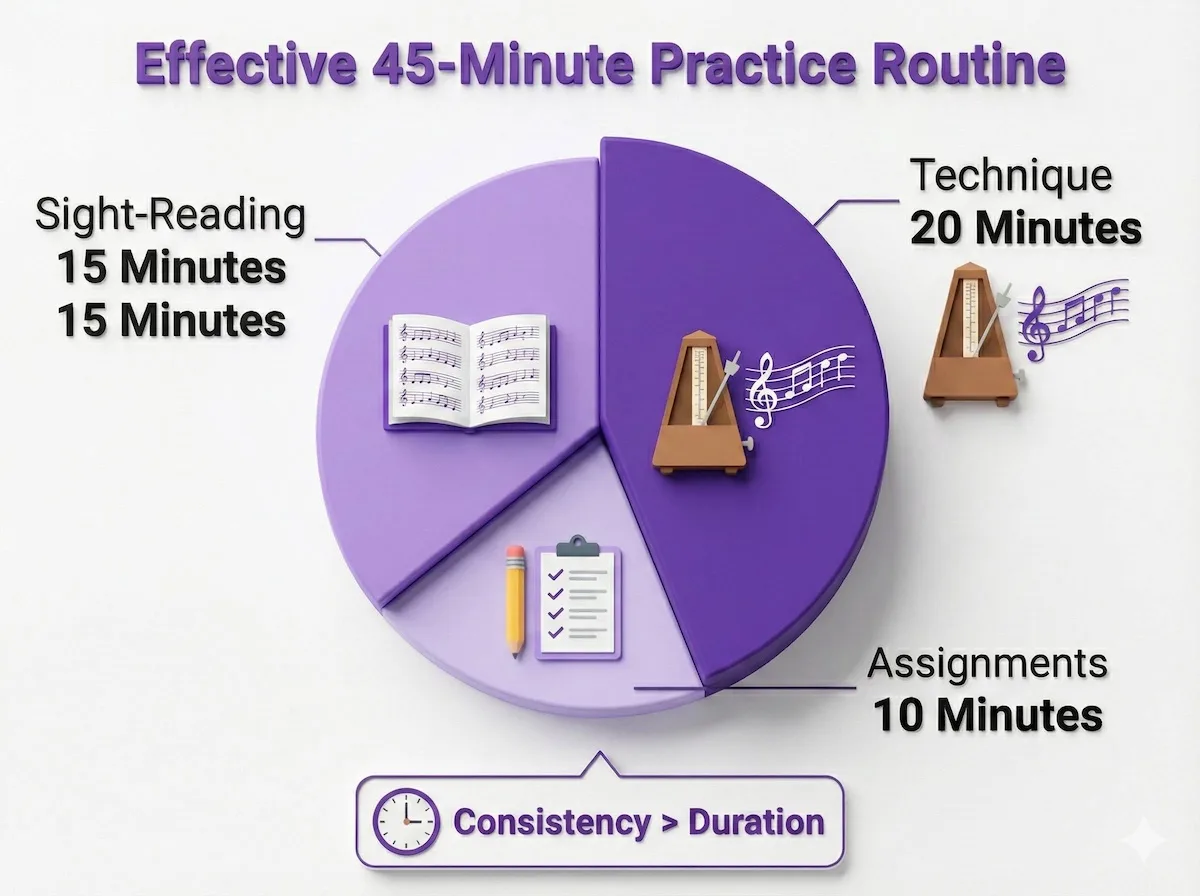 Pie chart visualizing a 45-minute music practice routine divided into 20 minutes of technique, 15 minutes of sight-reading, and 10 minutes of assignment review.