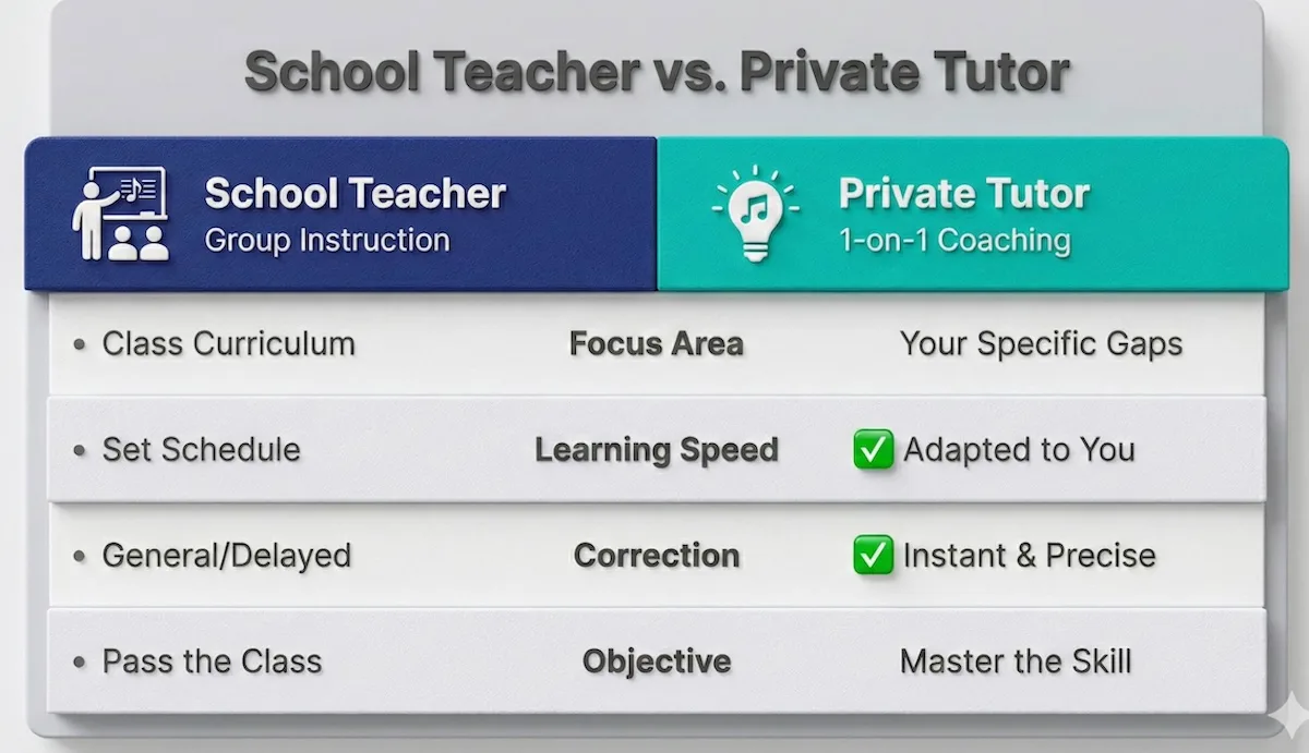 Comparison table highlighting differences between school music teachers and private tutors in focus, pacing, feedback speed, and learning objectives.