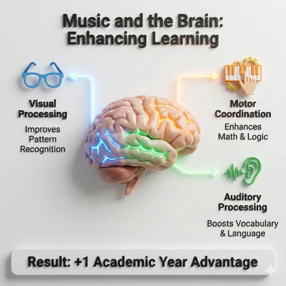 Illustration showing how music practice activates visual, auditory, and motor brain centers, leading to improvements in pattern recognition, vocabulary, and math skills.