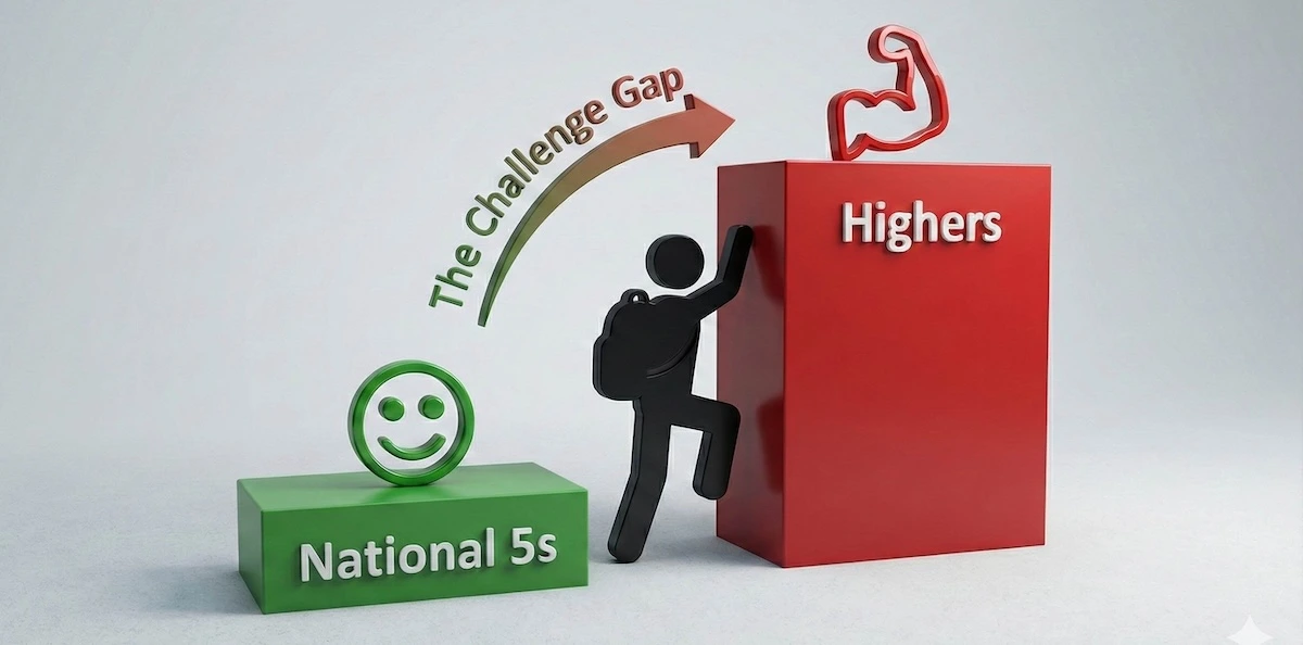 Visual diagram illustrating the steep increase in academic difficulty and workload between National 5s and Scottish Highers.