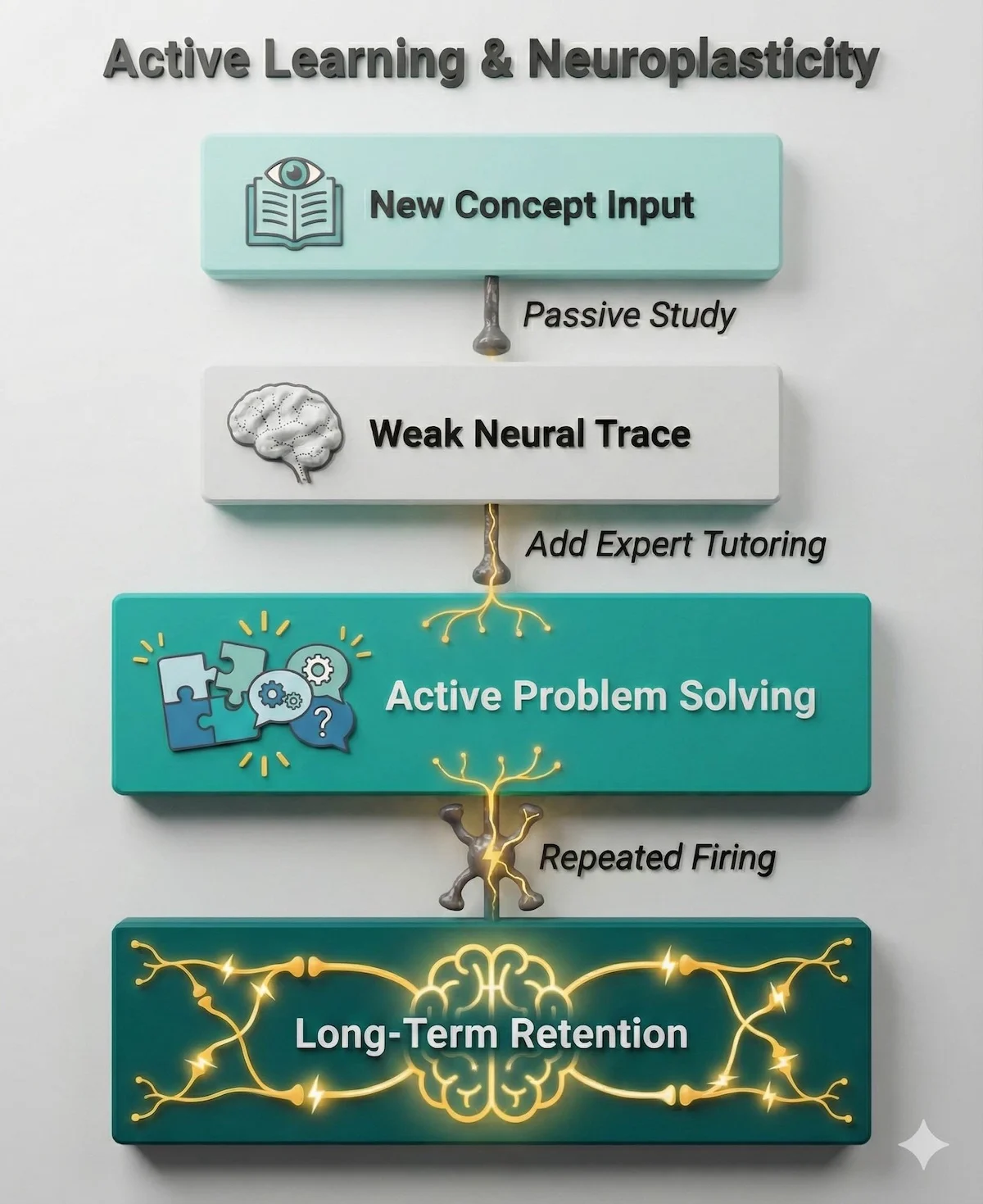 Flowchart illustrating how active tutoring converts weak neural traces into long-term retention through neuroplasticity.