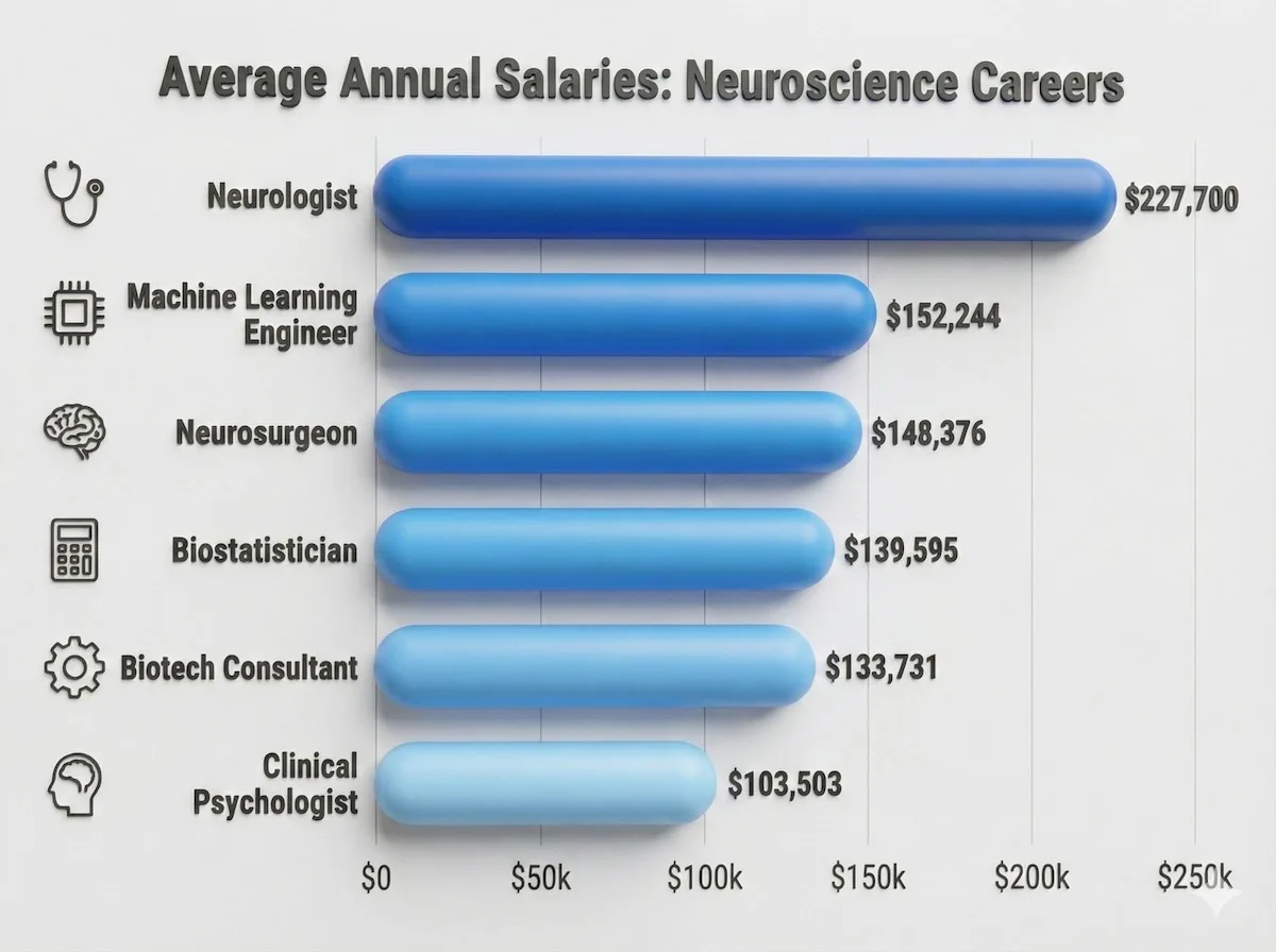 Horizontal bar chart comparing neuroscience salaries: Neurologists earn $227k, ML Engineers $152k, and Biostatisticians $139k.