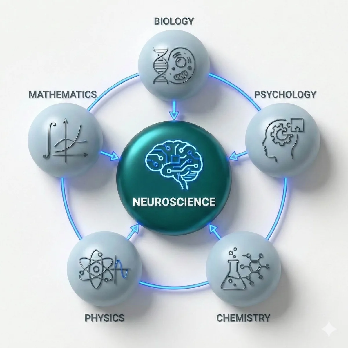 Diagram showing Neuroscience as the interdisciplinary intersection of Biology, Psychology, Chemistry, Physics, and Mathematics.