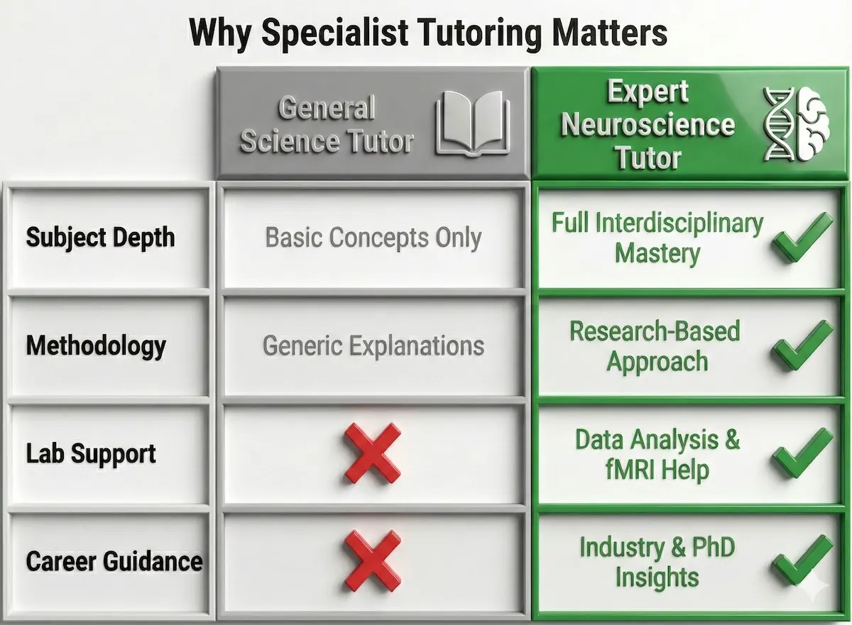  Comparison table showing advantages of expert neuroscience tutors over general tutors in subject depth, lab support, and career guidance.