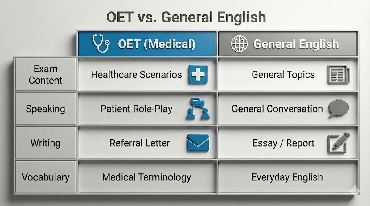Comparison table highlighting differences between OET medical content and General English exams like IELTS for healthcare professionals.