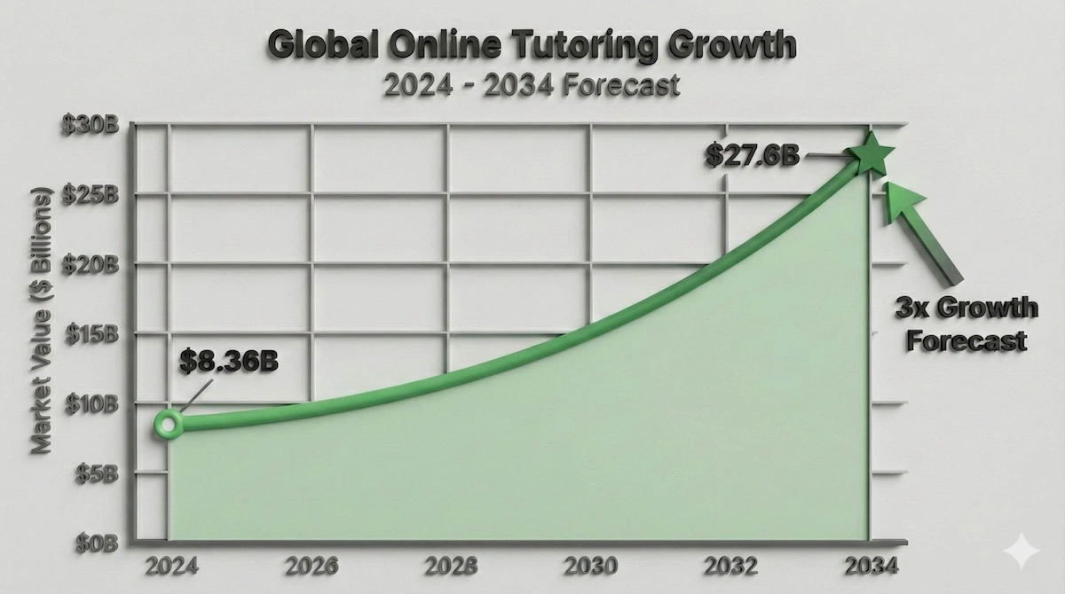 Line graph showing online tutoring market growth from $8.36 billion in 2024 to $27.6 billion in 2034, indicating a 3x increase.