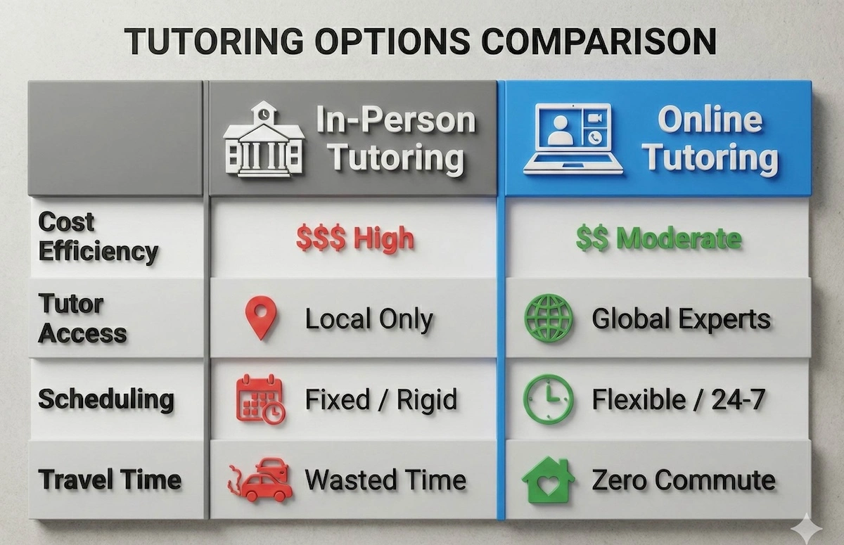Comparison table showing online tutoring offers lower costs, global expert access, and zero commute time compared to traditional in-person tutoring.