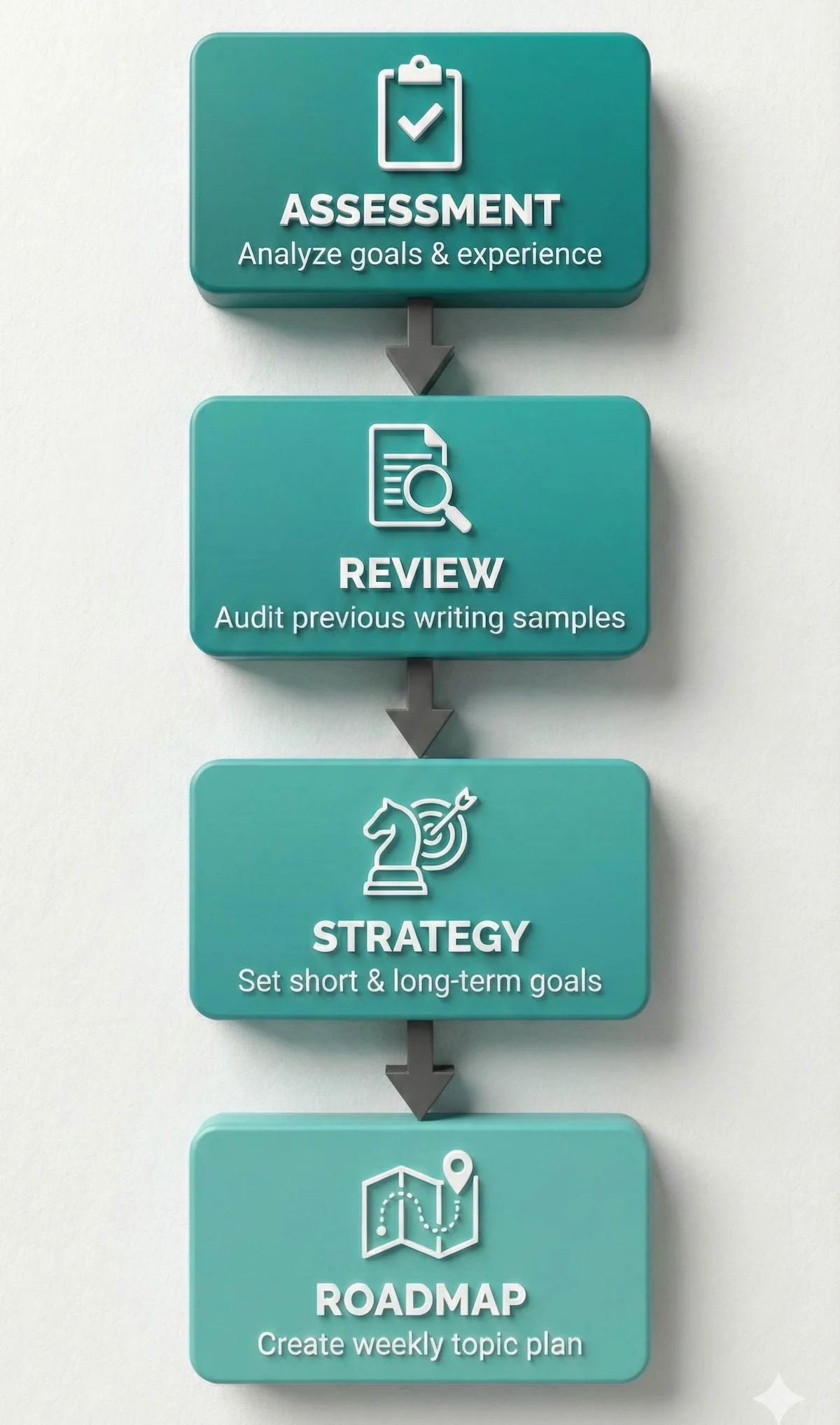 Vertical flowchart showing the journalism tutoring planning process: Assessment of goals, Review of work, Strategy setting, and Roadmap creation.