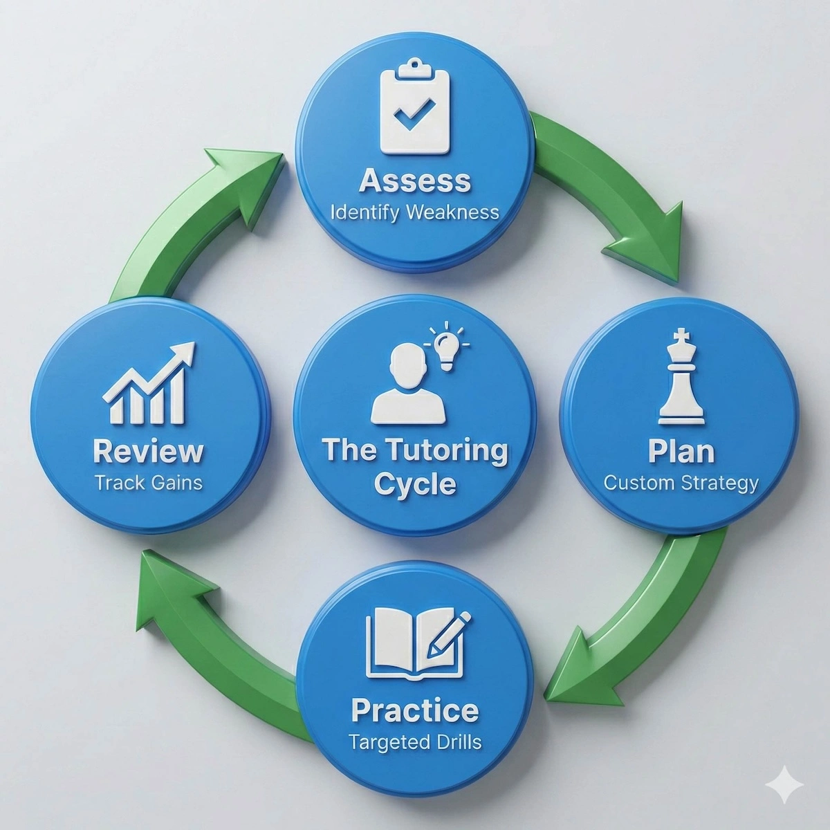 Circular flowchart illustrating the personalized ACT tutoring cycle: Assess weaknesses, Plan strategy, Practice drills, and Review progress.