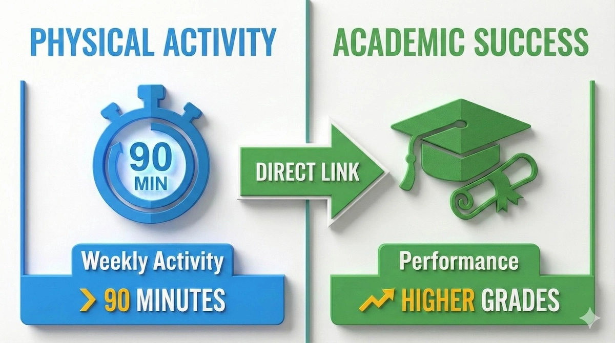 Infographic illustrating research showing that over 90 minutes of weekly physical education directly correlates with improved academic performance and higher grades.