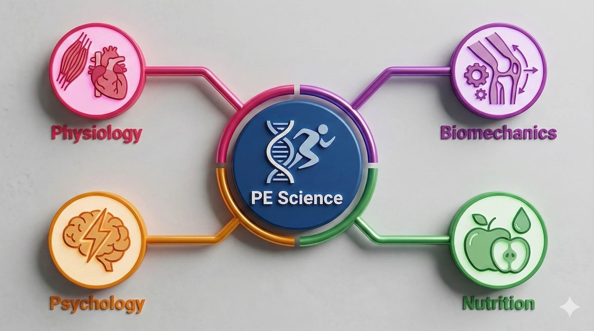 Concept map showing the four main pillars of physical education study: Exercise Physiology, Biomechanics, Sports Psychology, and Nutrition Science.