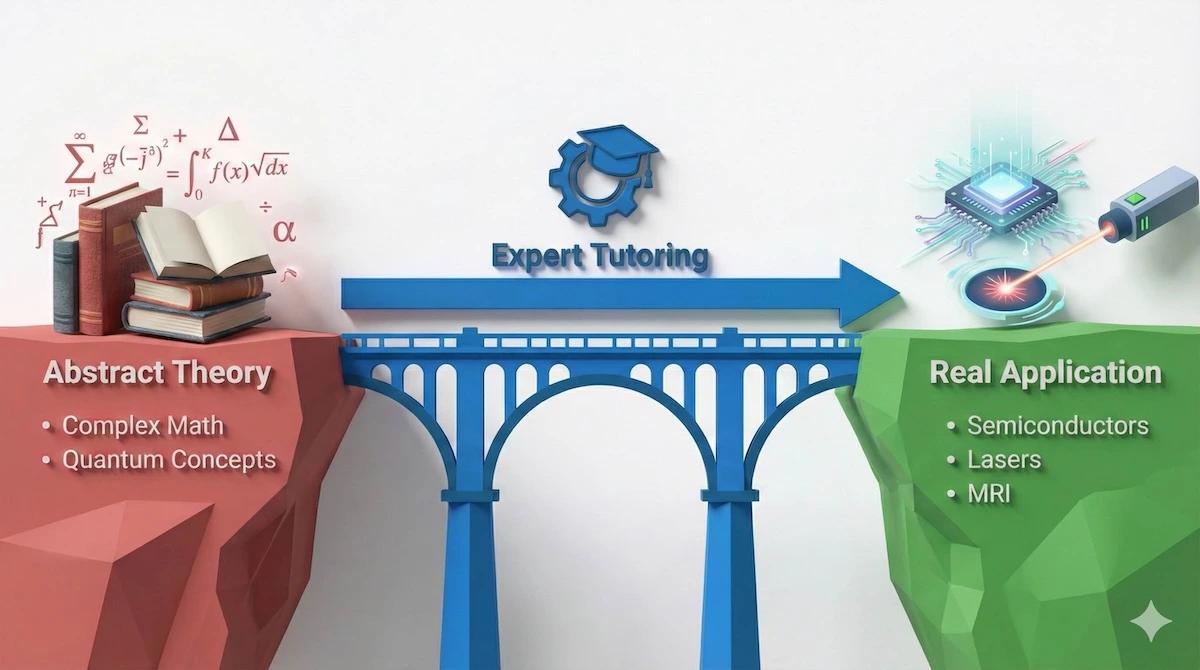 Illustration showing how physics tutoring bridges the gap between abstract mathematical theory and real-world engineering applications.