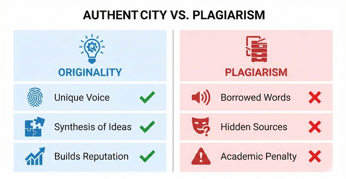Comparison table showing differences between Originality (unique voice, synthesis, reputation) and Plagiarism (borrowed words, hidden sources, penalties) for engineering students.