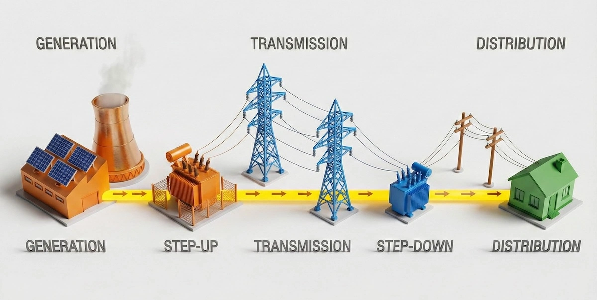 Illustration of the electric power grid journey showing generation plant, transmission towers, and distribution lines to residential homes.