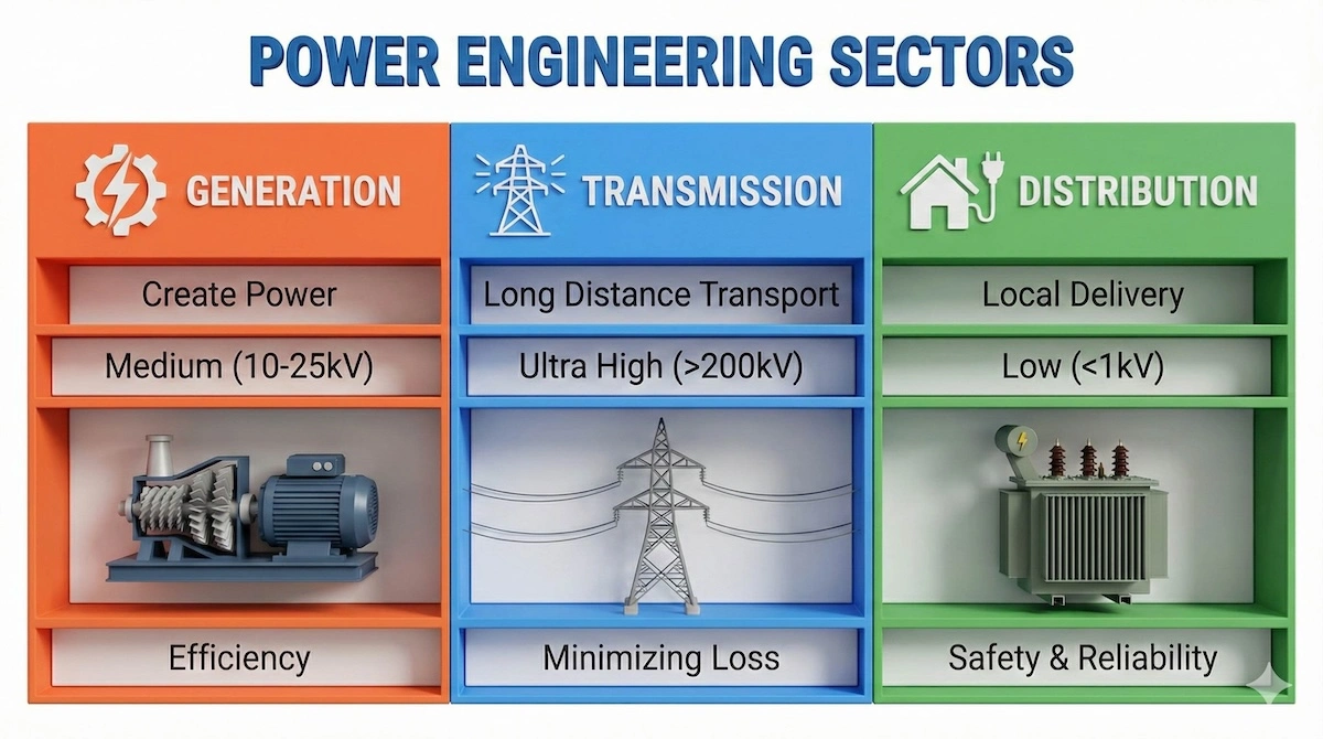 Comparison table of power engineering sectors: Generation, Transmission, and Distribution, showing voltage levels and key functions.
