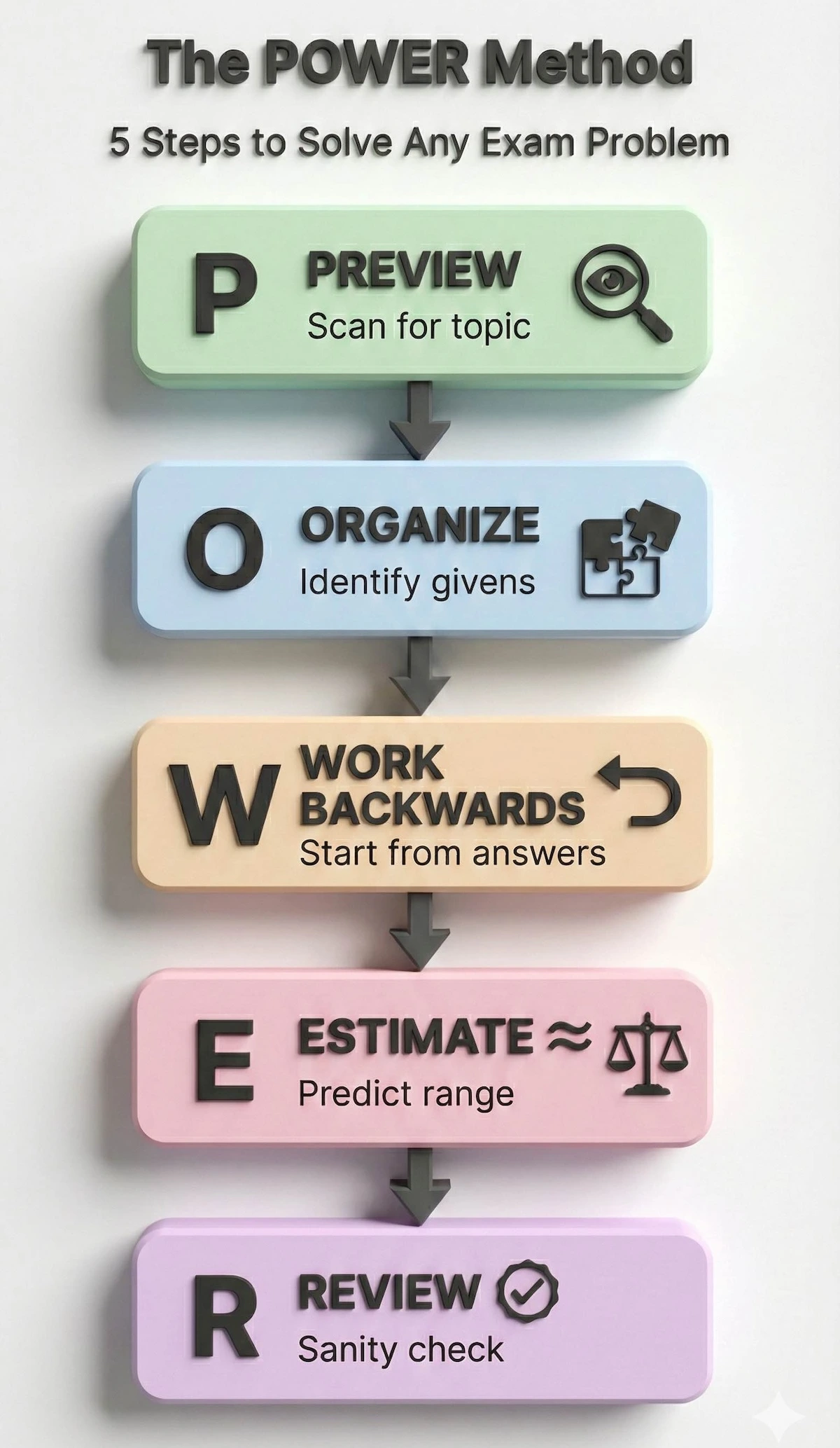 Vertical flowchart illustrating the POWER method for math problems: Preview, Organize, Work Backwards, Estimate, and Review.
