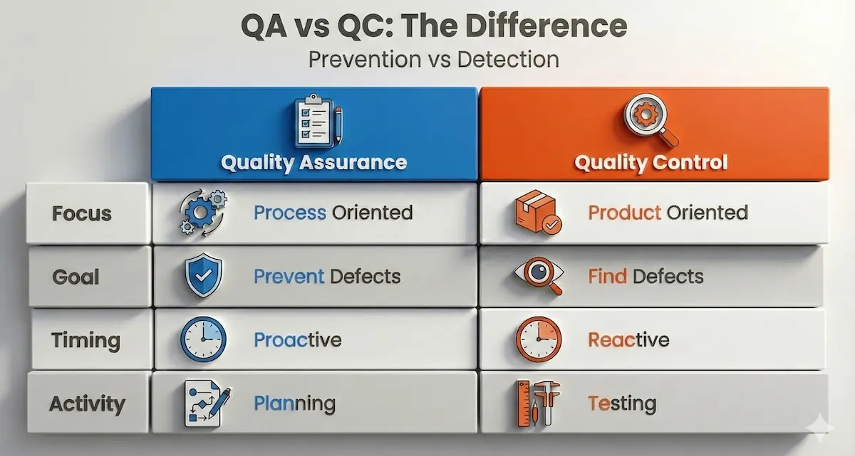 Comparison table showing the difference between Quality Assurance (proactive process) and Quality Control (reactive product inspection) for engineering students.