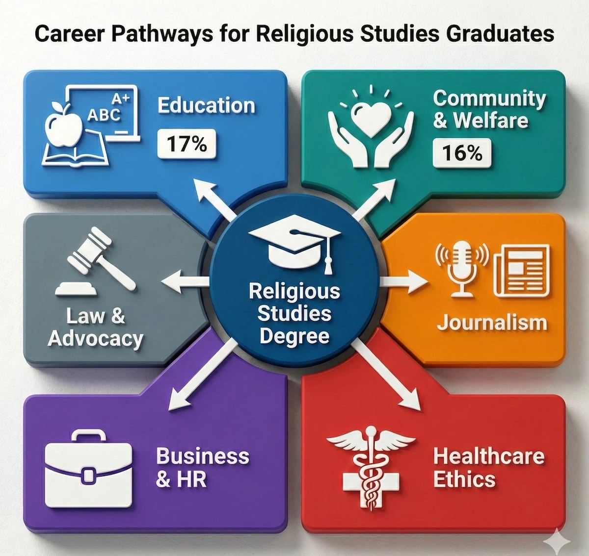 Infographic showing career paths for Religious Studies graduates including Education (17%), Welfare (16%), Law, Journalism, Business, and Healthcare.
