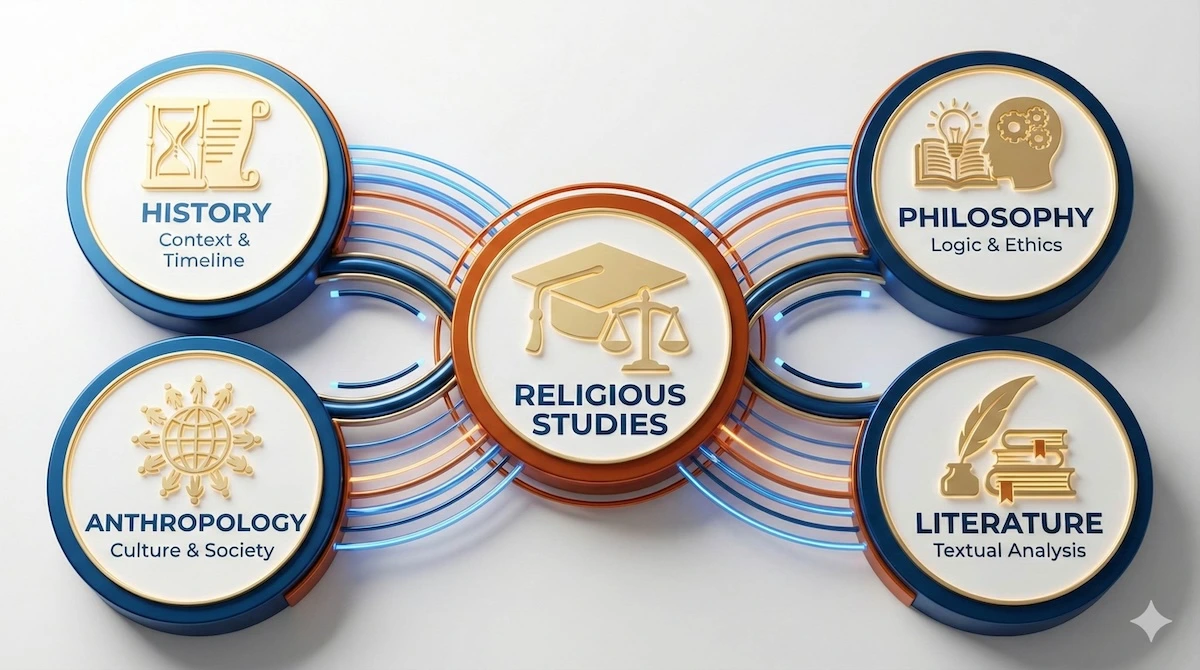 Venn diagram infographic showing the interdisciplinary nature of Religious Studies, combining History, Philosophy, Anthropology, and Literature.