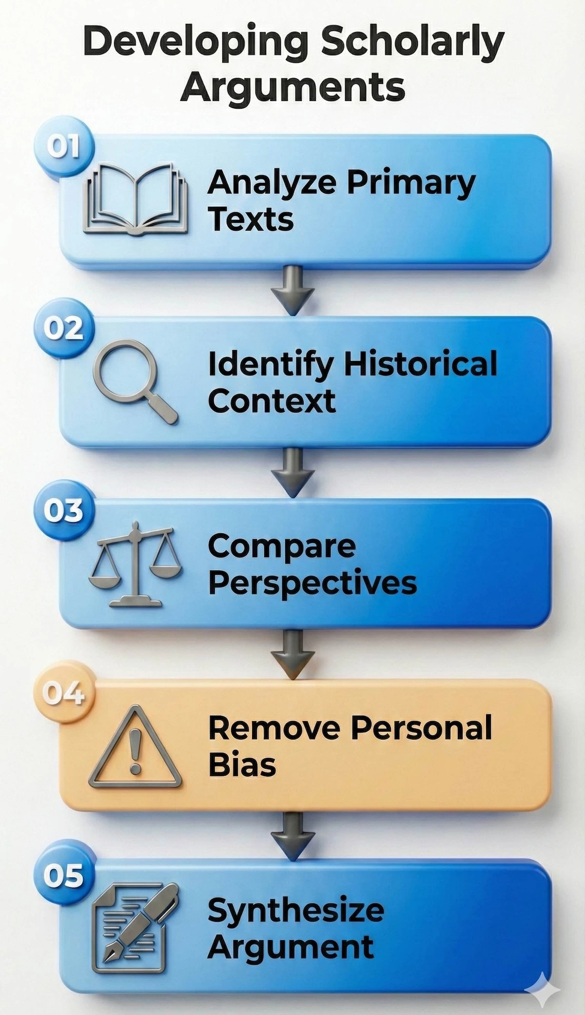 Step-by-step flowchart for writing religious studies essays: analyze texts, identify context, compare perspectives, remove bias, and synthesize arguments.