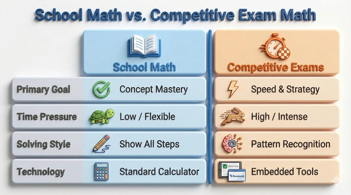 Comparison table showing differences between school math focus on concepts versus competitive exam math focus on speed, strategy, and pattern recognition.