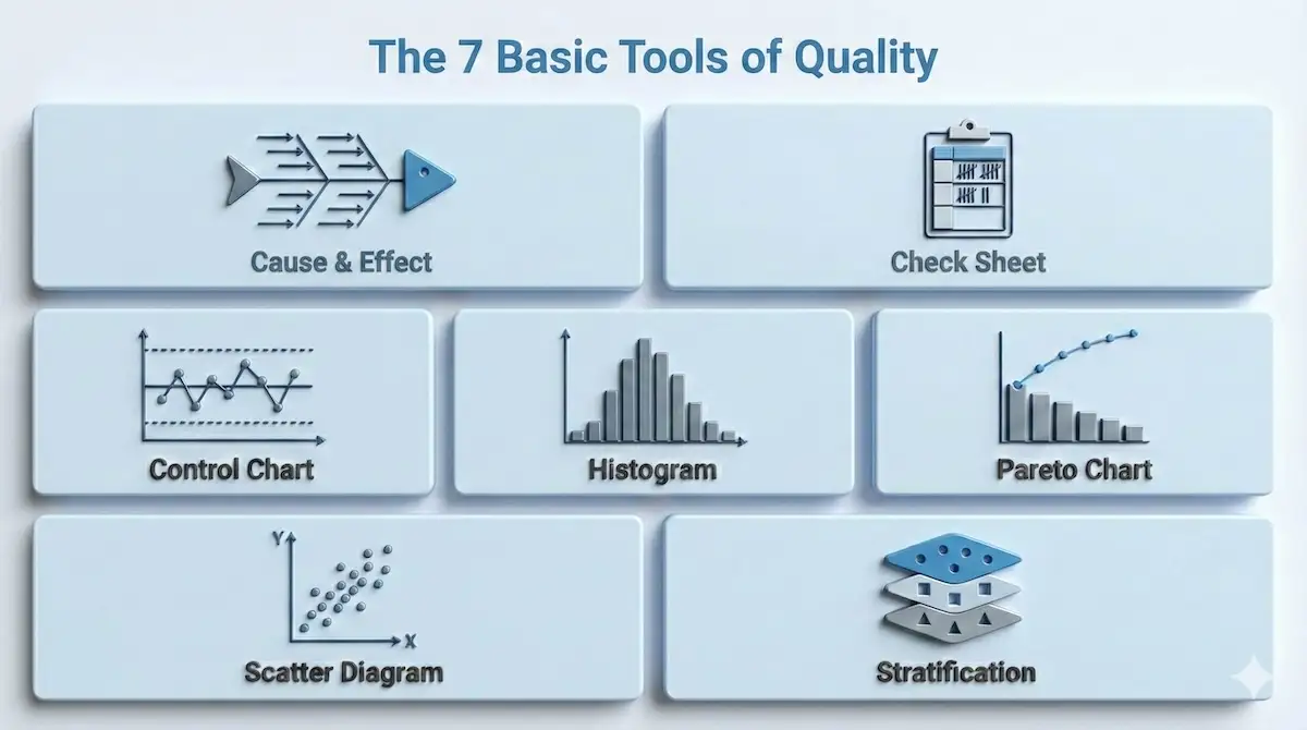 Infographic displaying icons of the 7 basic tools of quality control: Fishbone, Check Sheet, Control Chart, Histogram, Pareto, Scatter Diagram, and Stratification.