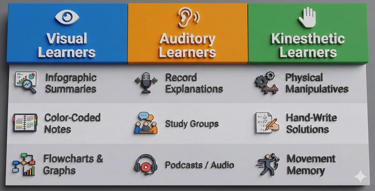 Comparison table of statistics study strategies for Visual (infographics), Auditory (recording explanations), and Kinesthetic (physical manipulatives) learners.