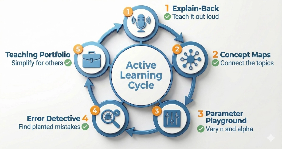 Circular infographic showing 5 statistics study hacks: Explain-Back method, Concept Maps, Parameter Playground, Error Detective, and Teaching Portfolio.