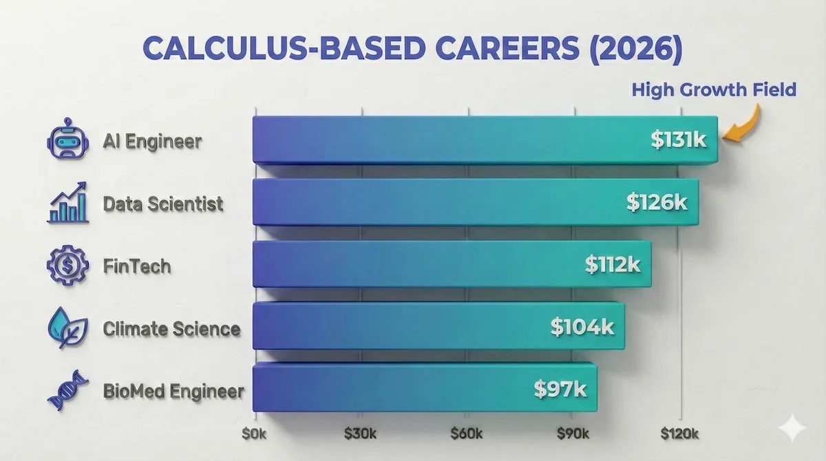 Bar chart showing median 2026 salaries for calculus-heavy careers like AI, Data Science, and FinTech.