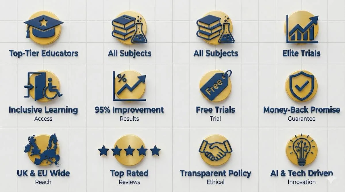 Grid infographic showing 10 standout features of Suited Tutor including elite educators, money-back guarantee, and AI innovation.