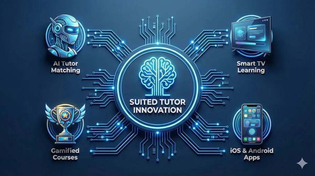 Diagram illustrating Suited Tutor's innovation features: AI matching, Smart TV apps, and gamified learning.