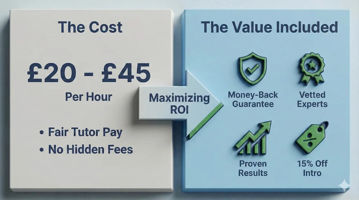 Infographic displaying Suited Tutor pricing range of £20-£45 per hour and included value like satisfaction guarantees.