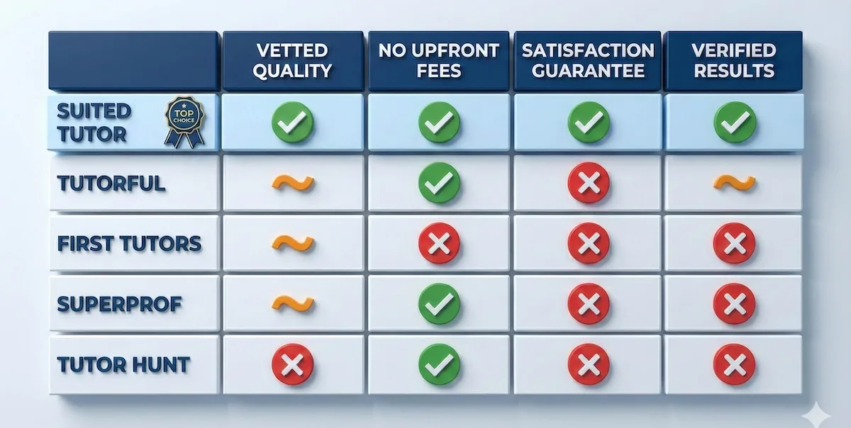 Comparison table showing Suited Tutor advantages in vetting and guarantees versus Tutorful, First Tutors, and Superprof.