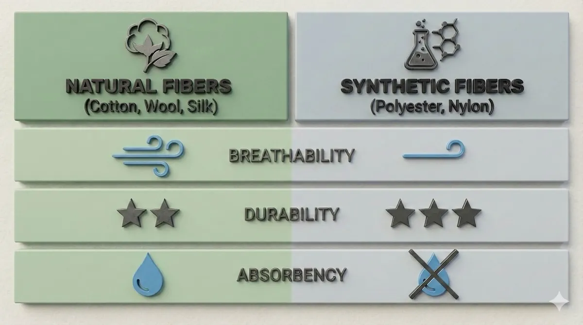 Comparison table of Natural vs. Synthetic fibers showing differences in breathability, durability, and absorbency for textile science.