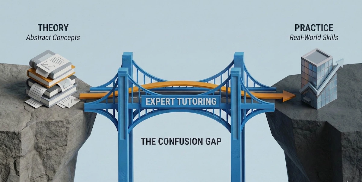 Illustration showing a bridge labeled Expert Tutoring connecting the cliff of Theory and Textbooks to the cliff of Practice and Real-World Skills.
